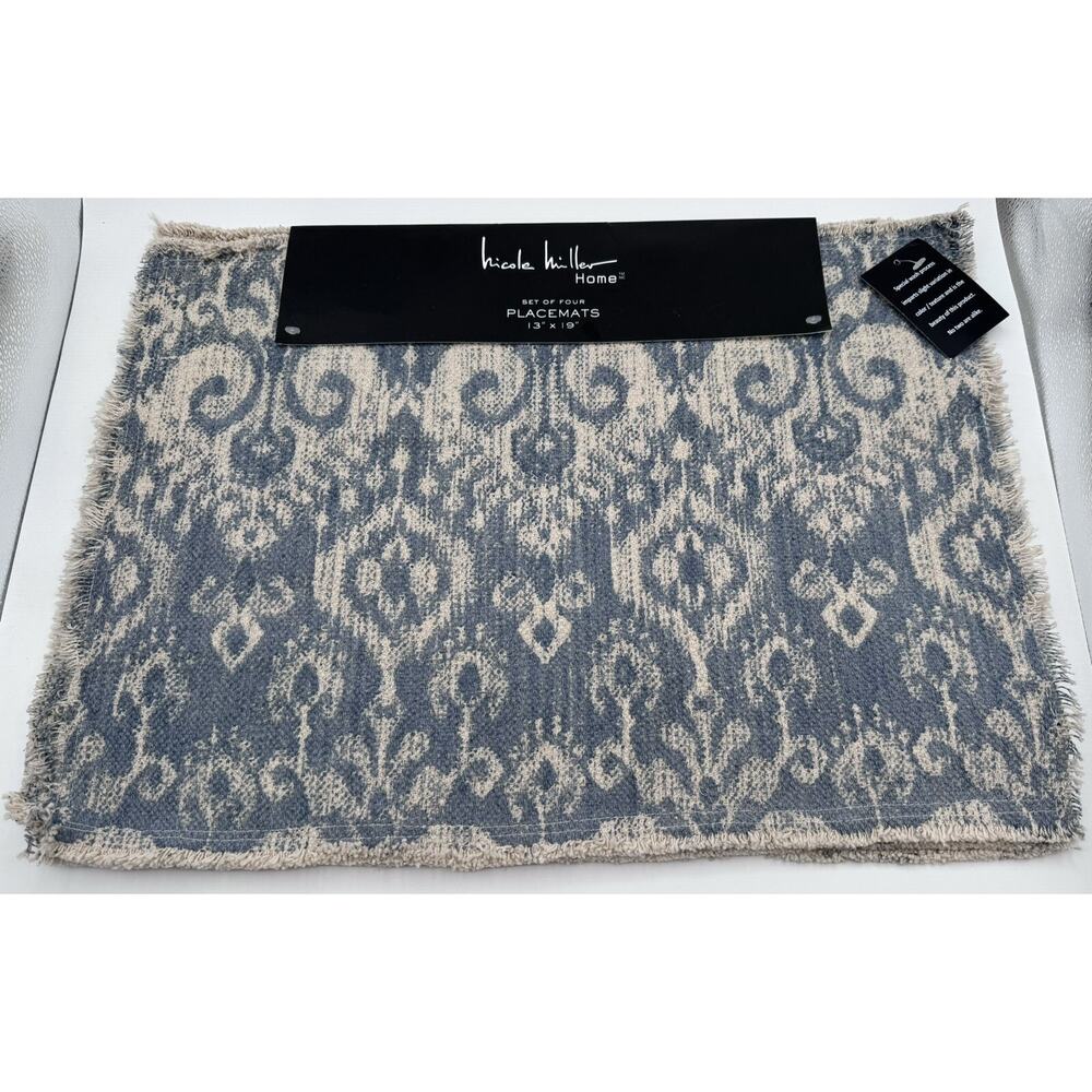 Nicole Miller Placemats set of 4 denim blue cream abstract 13" x 19" 100% cotton